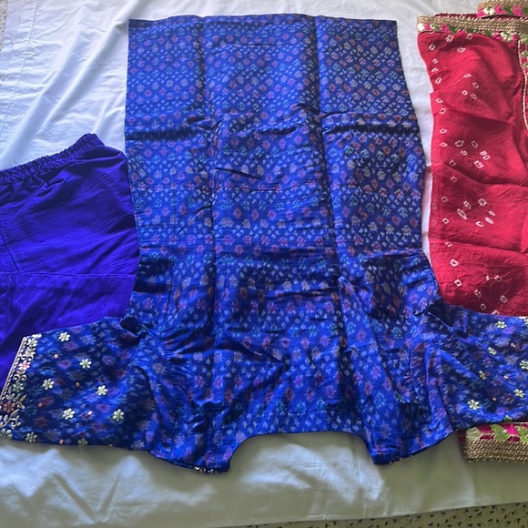 Blue red Indian dress medium petite short sleeve bandhni dupatta pearl border - Picture 5 of 6